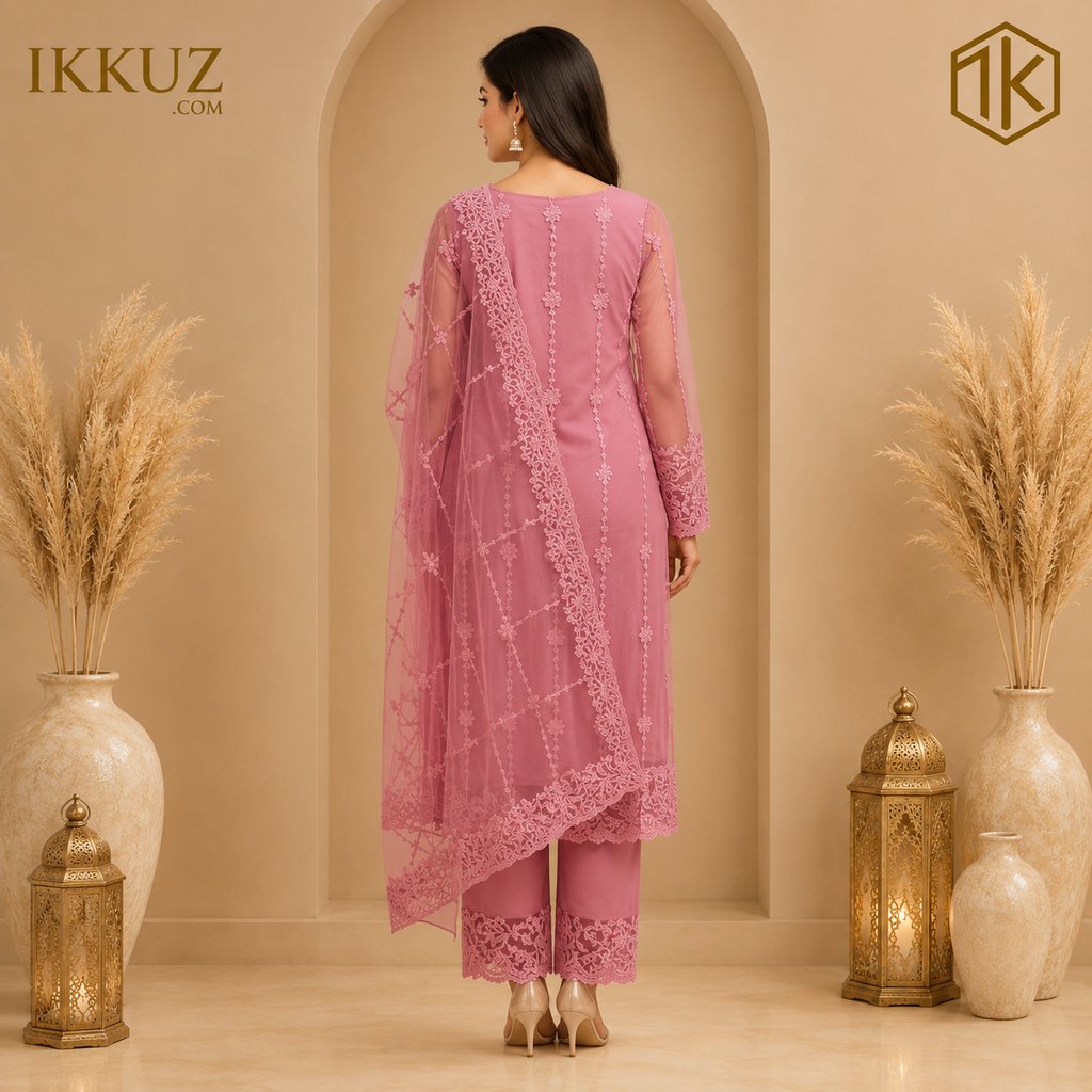 Roselle Peach Embroidered Net Kurta Pant Set with Dupatta | Premium Party Wear Ethnic Set