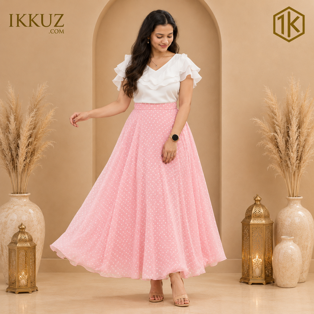 BlushAura White & Pink Georgette Indo-Western Dress Set | Elegant Casual & Party Wear
