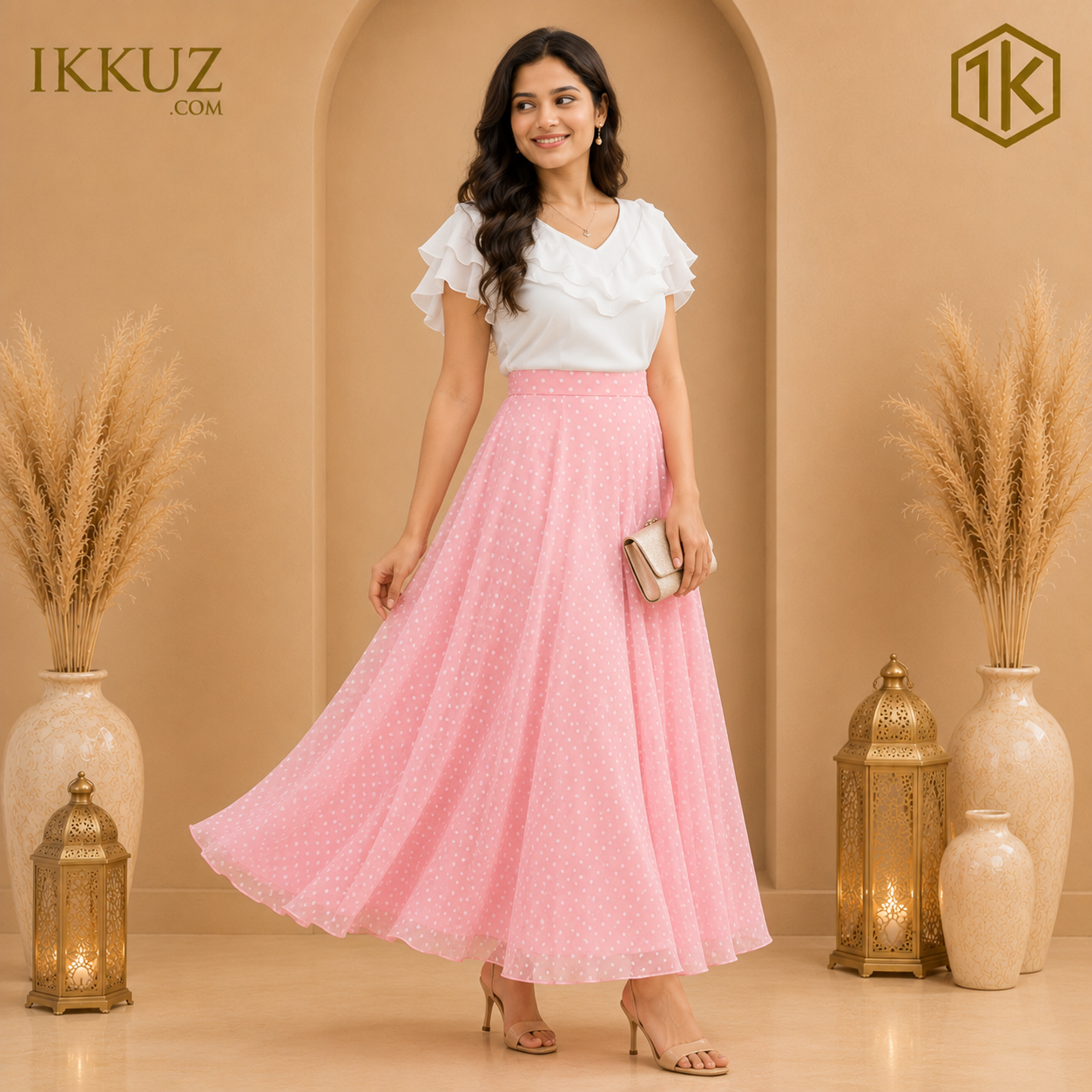 BlushAura White & Pink Georgette Indo-Western Dress Set | Elegant Casual & Party Wear