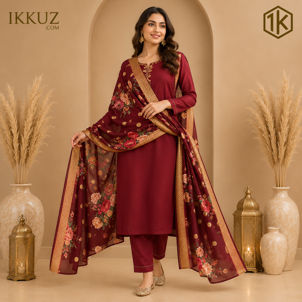 Azure Grace Embroidered Rayon Slub Kurta Pant Set | Premium Teal Ethnic Wear for Women