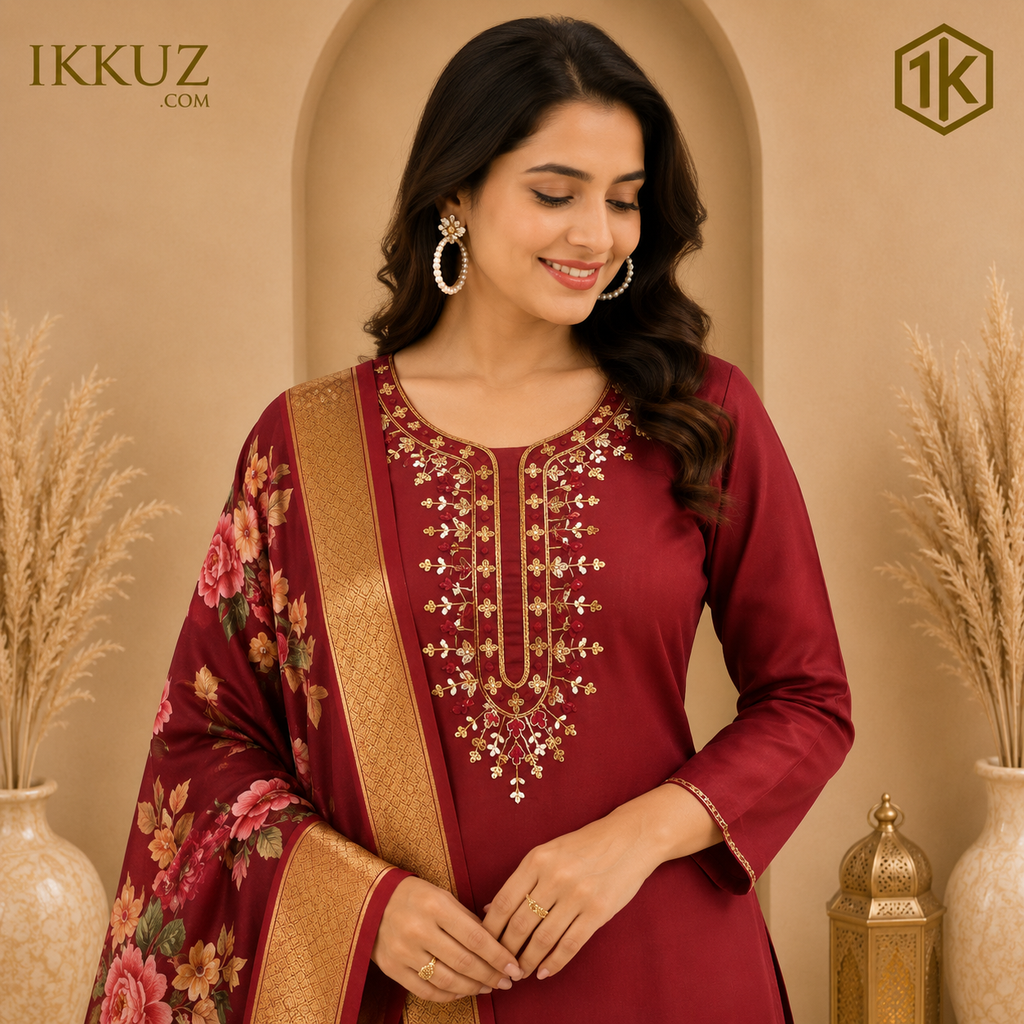 Azure Grace Embroidered Rayon Slub Kurta Pant Set | Premium Teal Ethnic Wear for Women