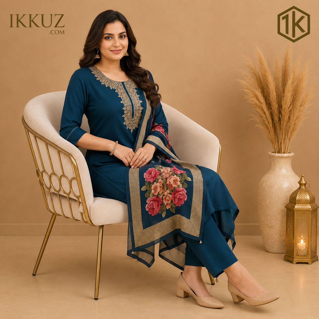 Azure Grace Embroidered Rayon Slub Kurta Pant Set | Premium Teal Ethnic Wear for Women