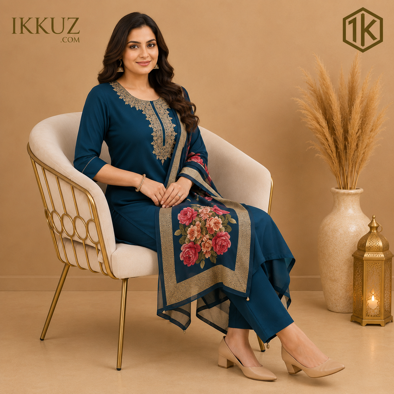 Azure Grace Embroidered Rayon Slub Kurta Pant Set | Premium Teal Ethnic Wear for Women