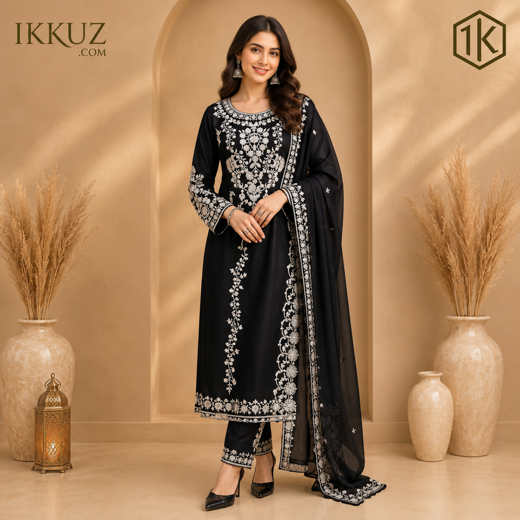 Noir Elegance Embroidered Georgette Kurta Pant Set | Premium Black Ethnic Wear for Women