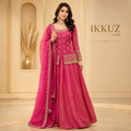 Women's Premium Pink Roman Silk Sequins Embroidered Kurta Lehenga Set with Organza Dupatta