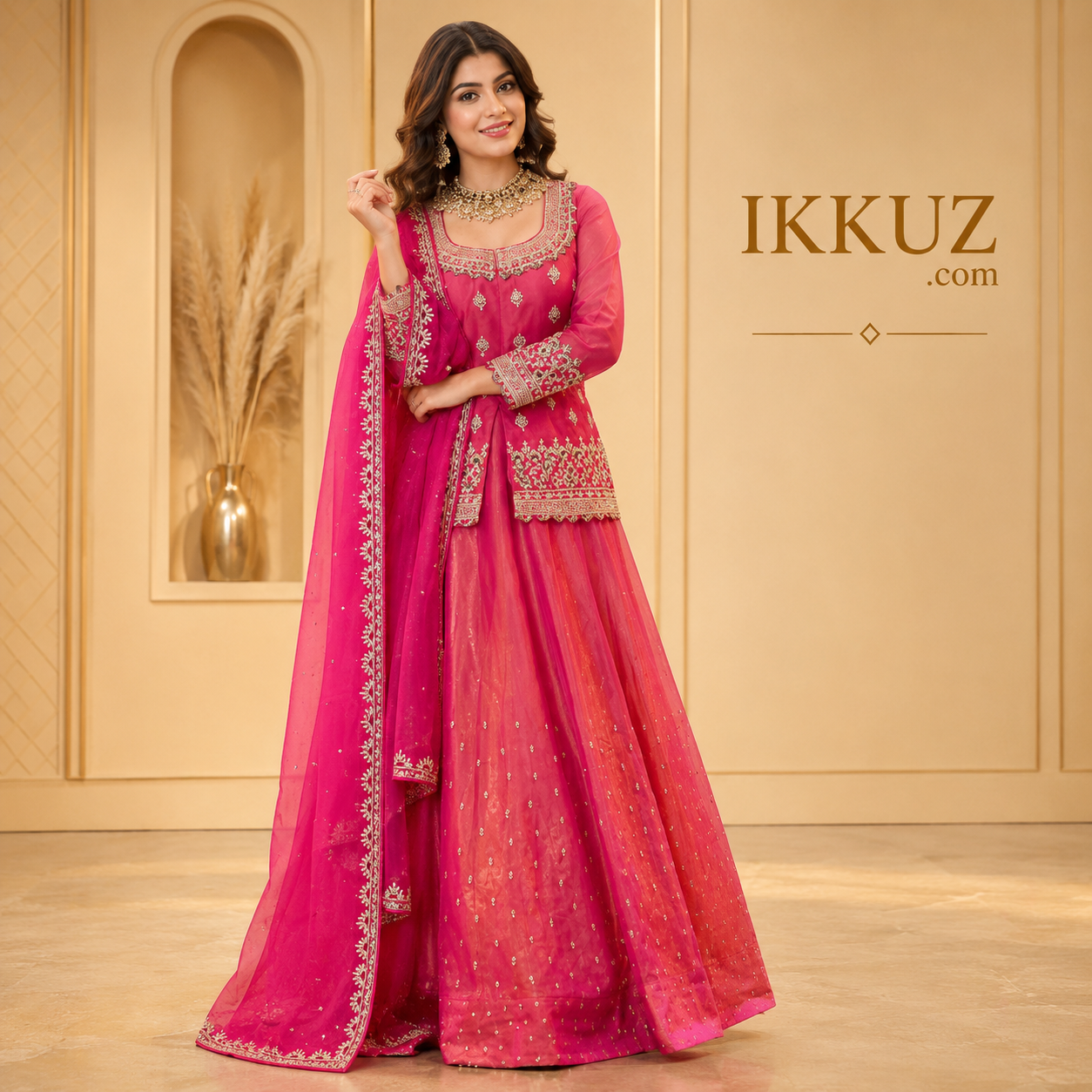 Women's Premium Pink Roman Silk Sequins Embroidered Kurta Lehenga Set with Organza Dupatta