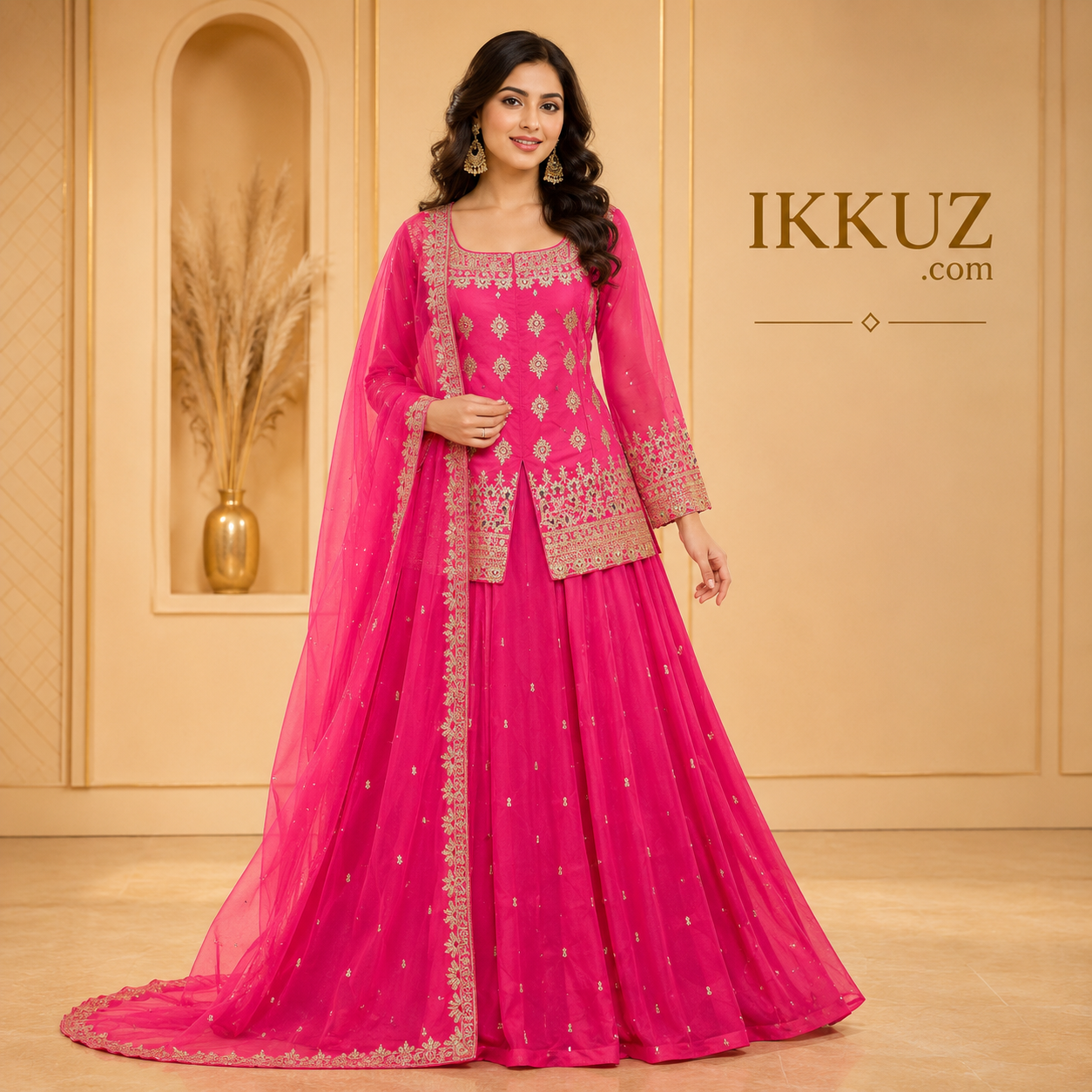 Women's Premium Pink Roman Silk Sequins Embroidered Kurta Lehenga Set with Organza Dupatta