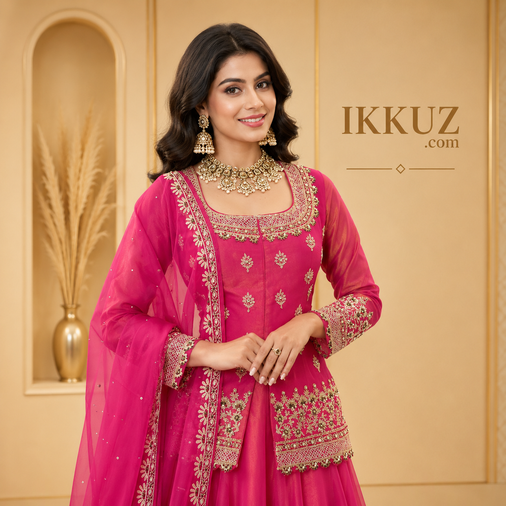 Women's Premium Pink Roman Silk Sequins Embroidered Kurta Lehenga Set with Organza Dupatta