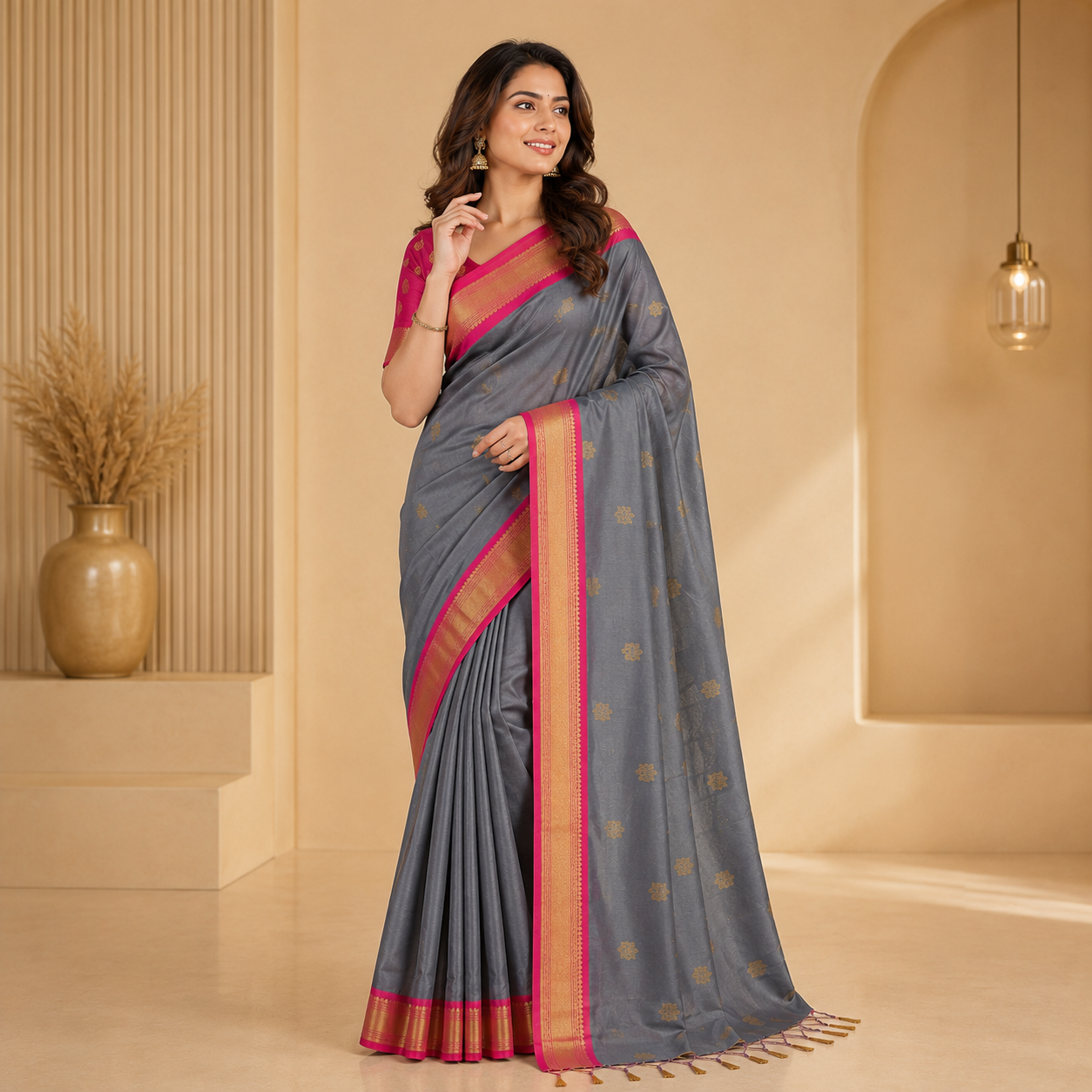 Grey Pink Premium Yeola Paithani Cotton Silk Saree with Contrast Blouse | Zari Woven Traditional Festive Wear