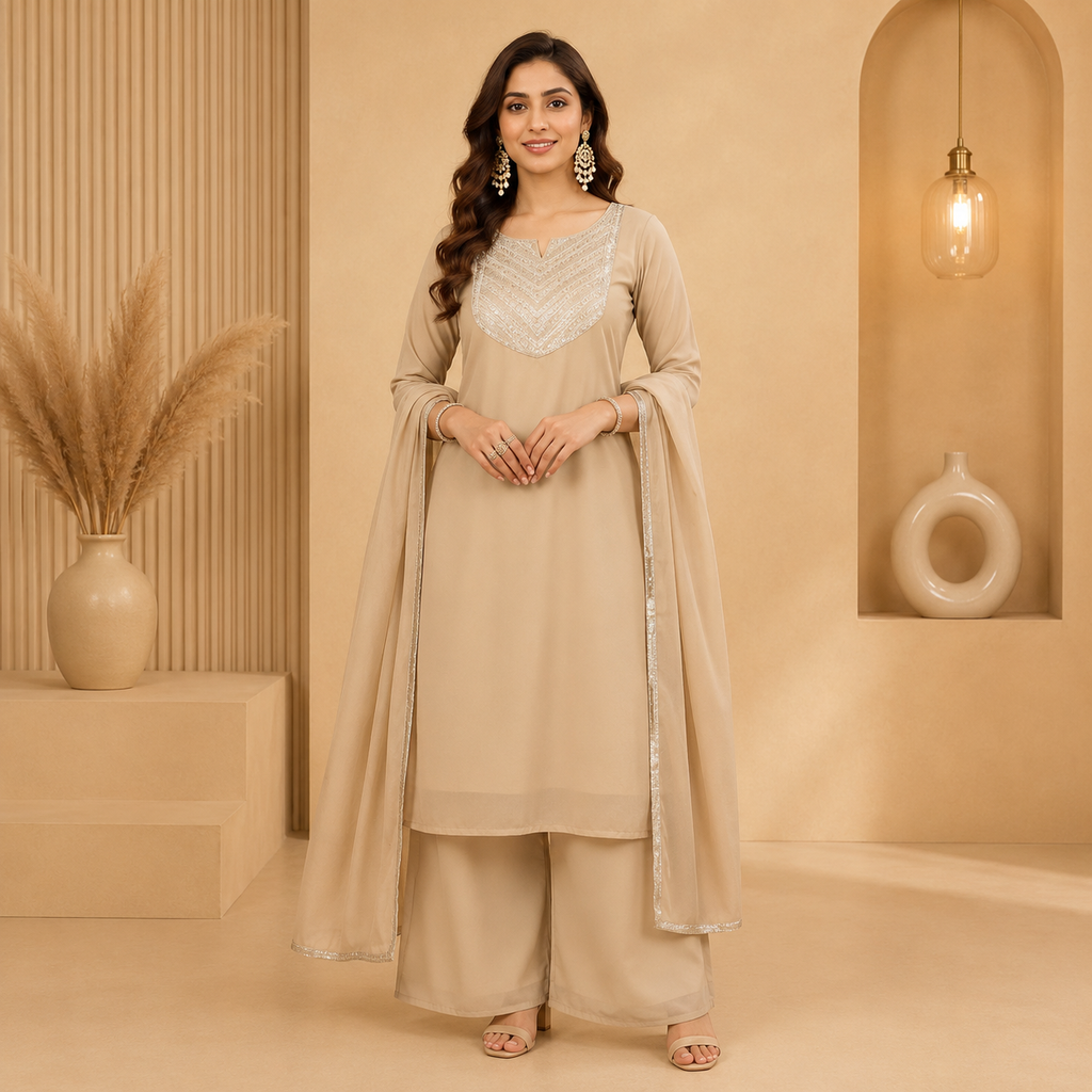 Elegant Beige Georgette Embroidered Kurta Set with Palazzo &amp; Dupatta | Premium Festive Ethnic Wear for Women