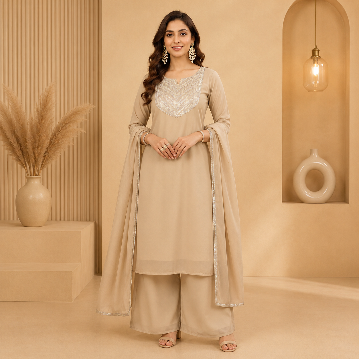 Elegant Beige Georgette Embroidered Kurta Set with Palazzo &amp; Dupatta | Premium Festive Ethnic Wear for Women