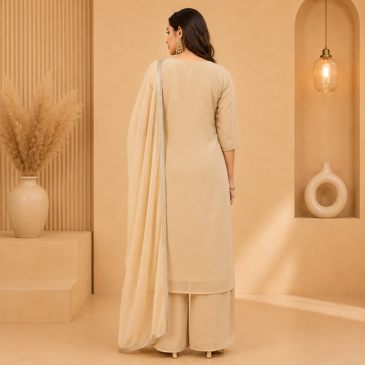 Elegant Beige Georgette Embroidered Kurta Set with Palazzo &amp; Dupatta | Premium Festive Ethnic Wear for Women