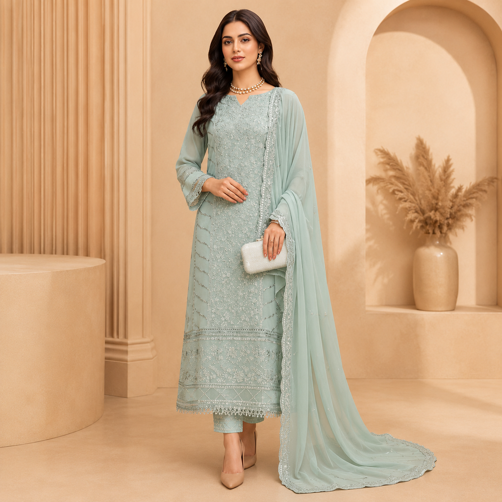 Sky Blue Georgette Embroidered Pakistani Style Semi-Stitched Suit with Dupatta | Premium Party &amp; Festive Wear
