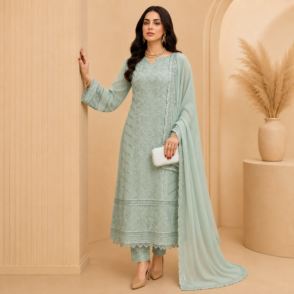 Sky Blue Georgette Embroidered Pakistani Style Semi-Stitched Suit with Dupatta | Premium Party &amp; Festive Wear