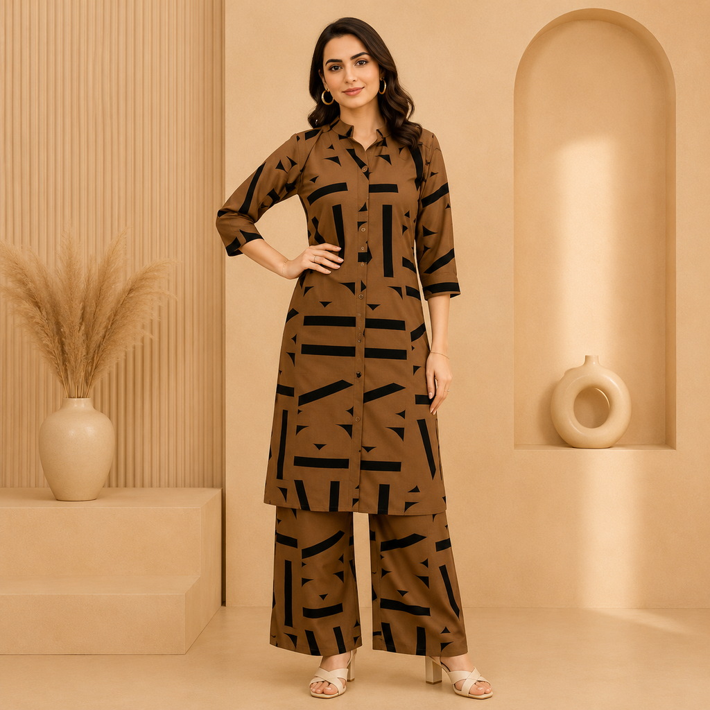 Elegant Brown Crepe Printed Co-Ord Set for Women | A-Line Kurti with Palazzo Pants