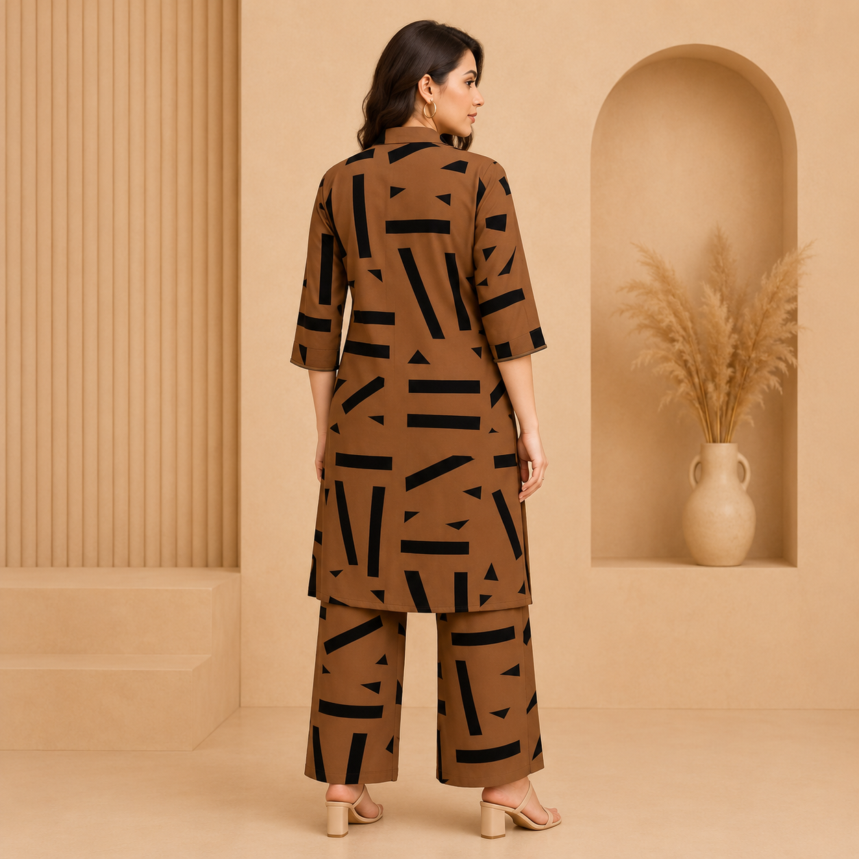Elegant Brown Crepe Printed Co-Ord Set for Women | A-Line Kurti with Palazzo Pants