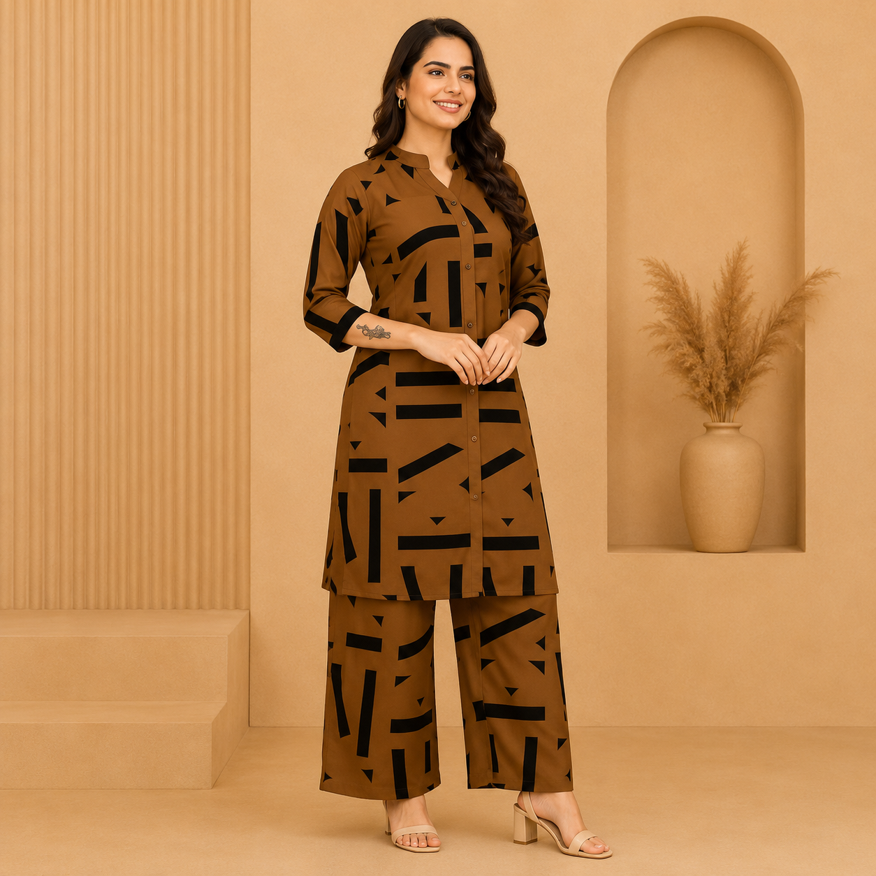 Elegant Brown Crepe Printed Co-Ord Set for Women | A-Line Kurti with Palazzo Pants