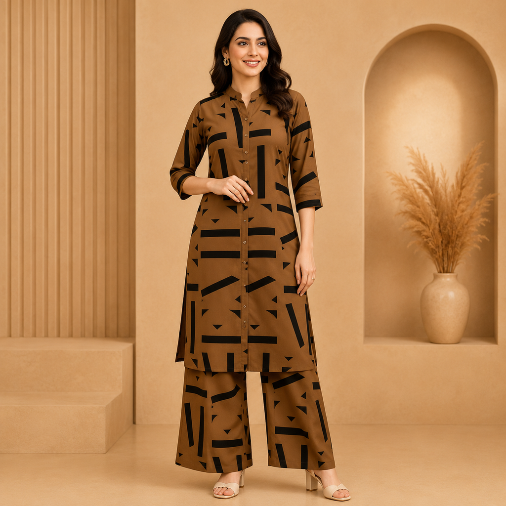 Elegant Brown Crepe Printed Co-Ord Set for Women | A-Line Kurti with Palazzo Pants