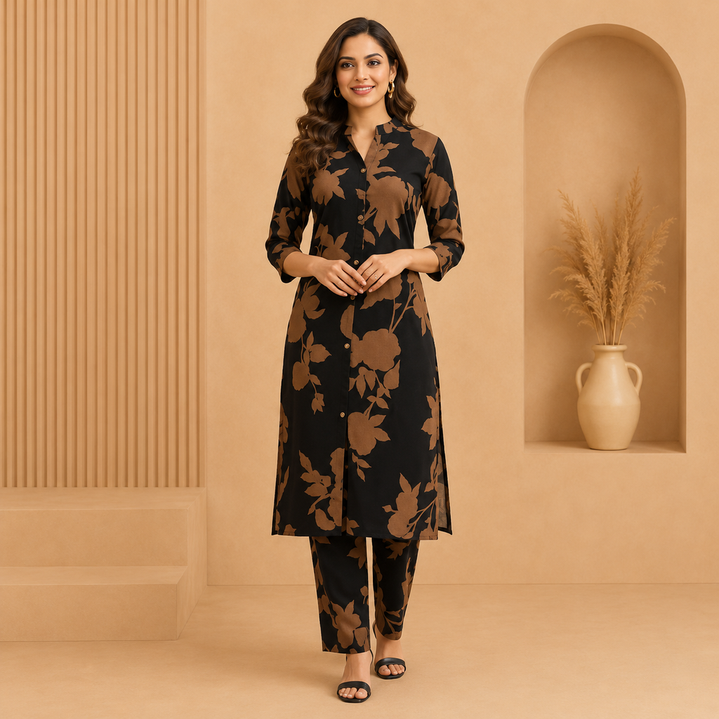 Elegant Black Floral Printed Crepe Kurti Pant Set for Women | Stylish Office &amp; Daily Wear Co-Ord Set