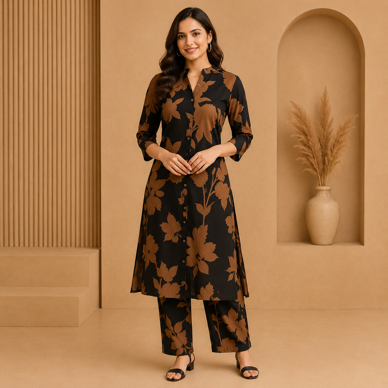 Elegant Black Floral Printed Crepe Kurti Pant Set for Women | Stylish Office &amp; Daily Wear Co-Ord Set