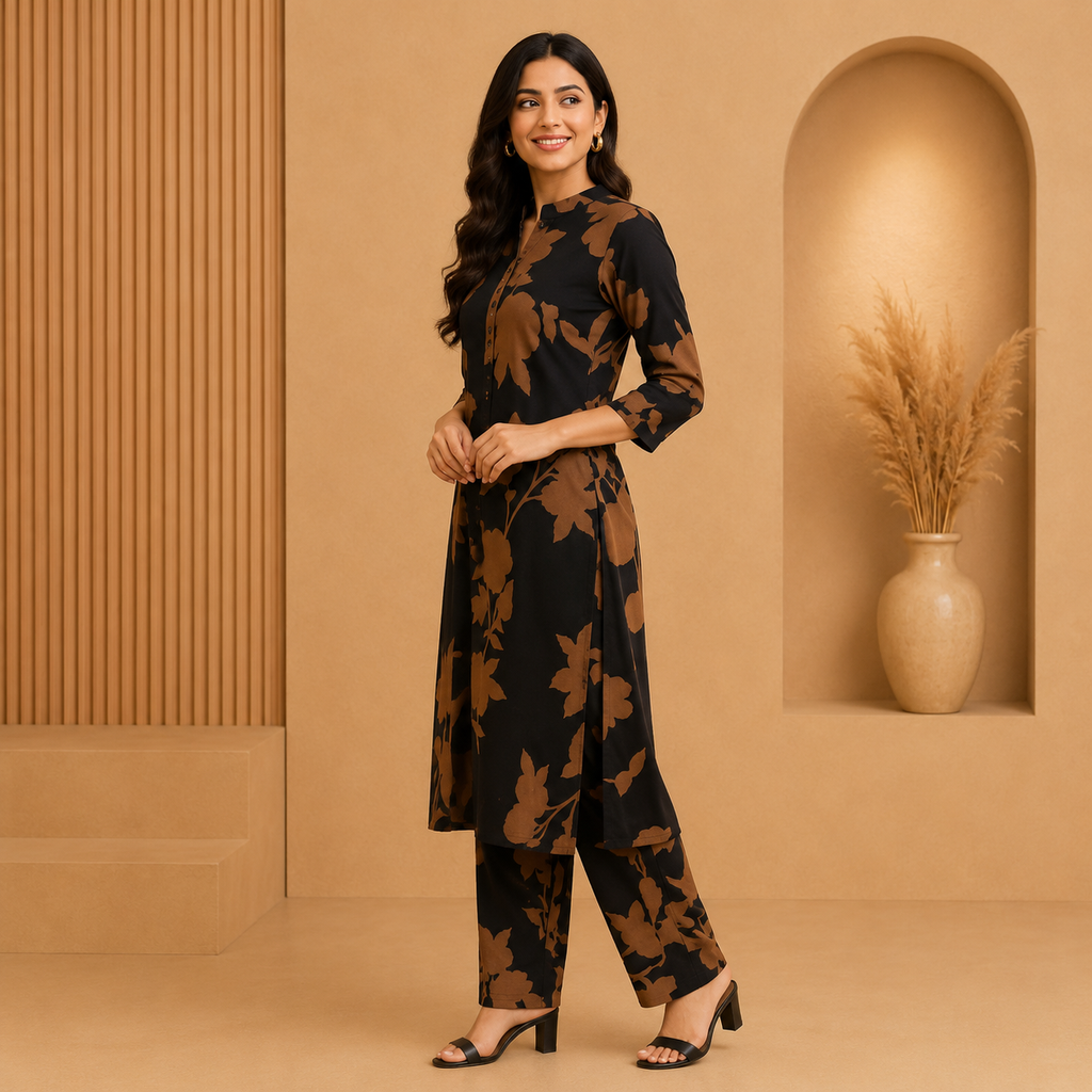 Elegant Black Floral Printed Crepe Kurti Pant Set for Women | Stylish Office &amp; Daily Wear Co-Ord Set