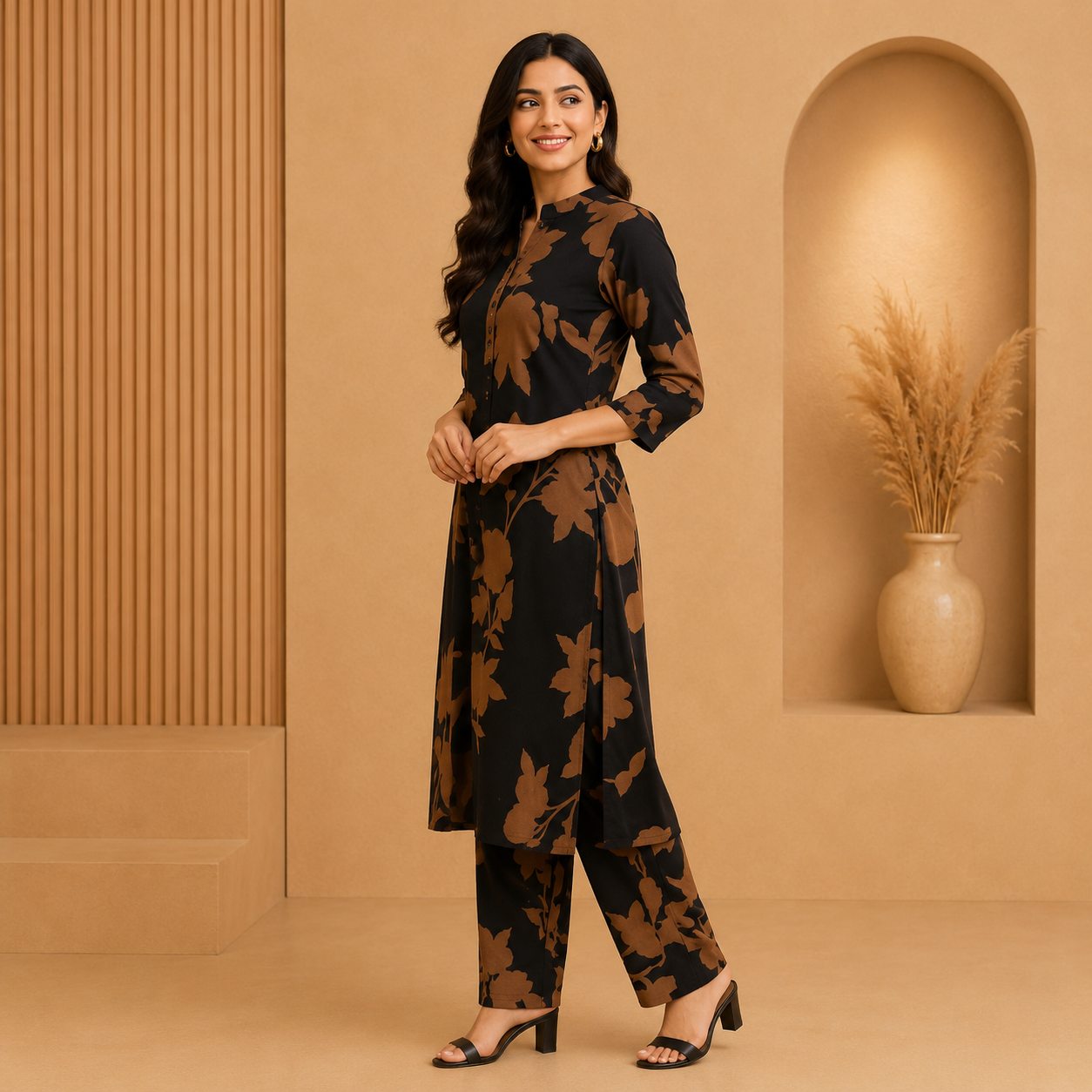 Elegant Black Floral Printed Crepe Kurti Pant Set for Women | Stylish Office &amp; Daily Wear Co-Ord Set