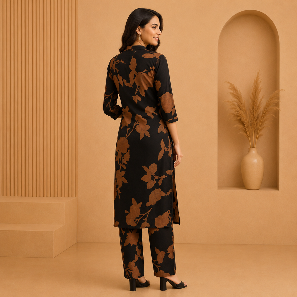 Elegant Black Floral Printed Crepe Kurti Pant Set for Women | Stylish Office &amp; Daily Wear Co-Ord Set