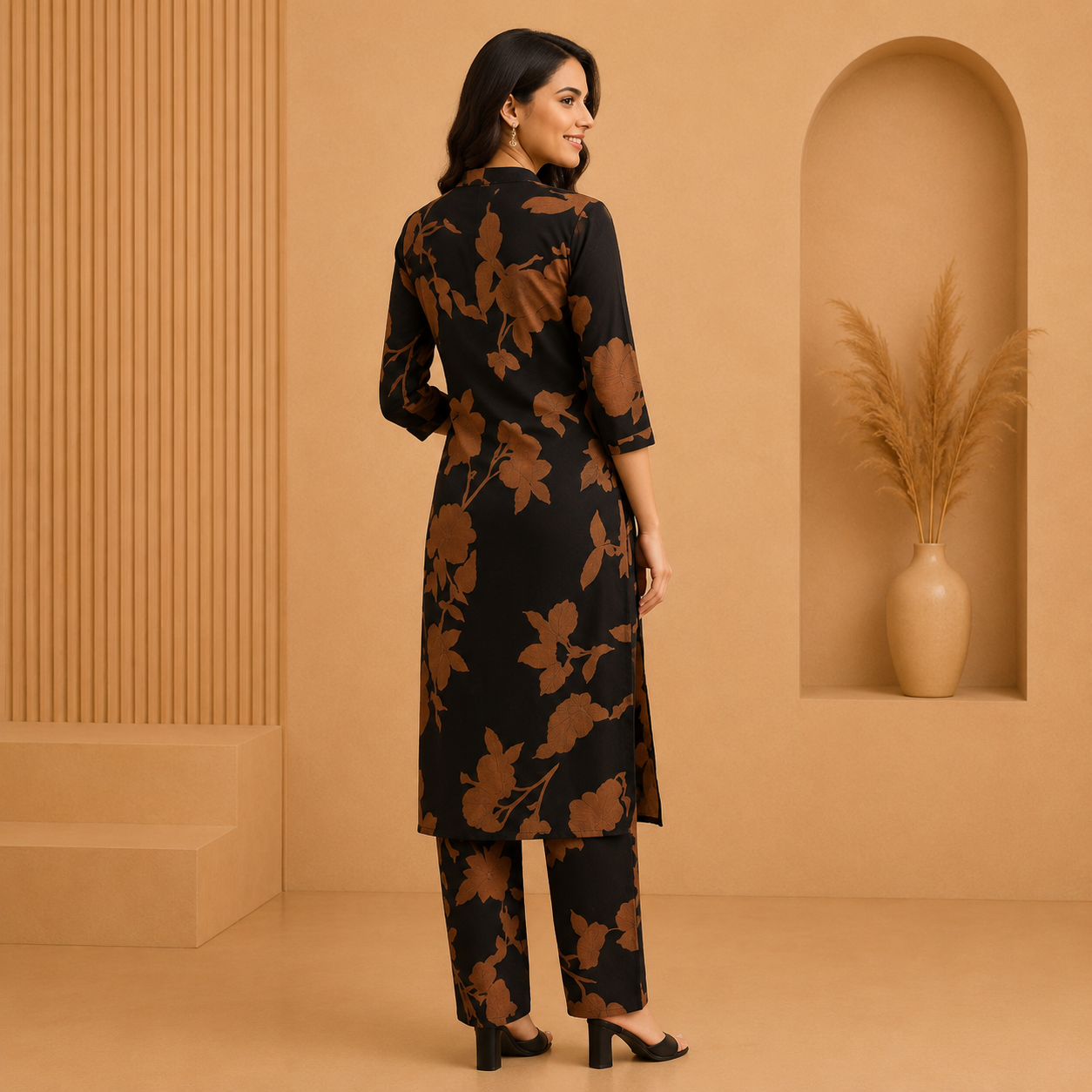 Elegant Black Floral Printed Crepe Kurti Pant Set for Women | Stylish Office &amp; Daily Wear Co-Ord Set