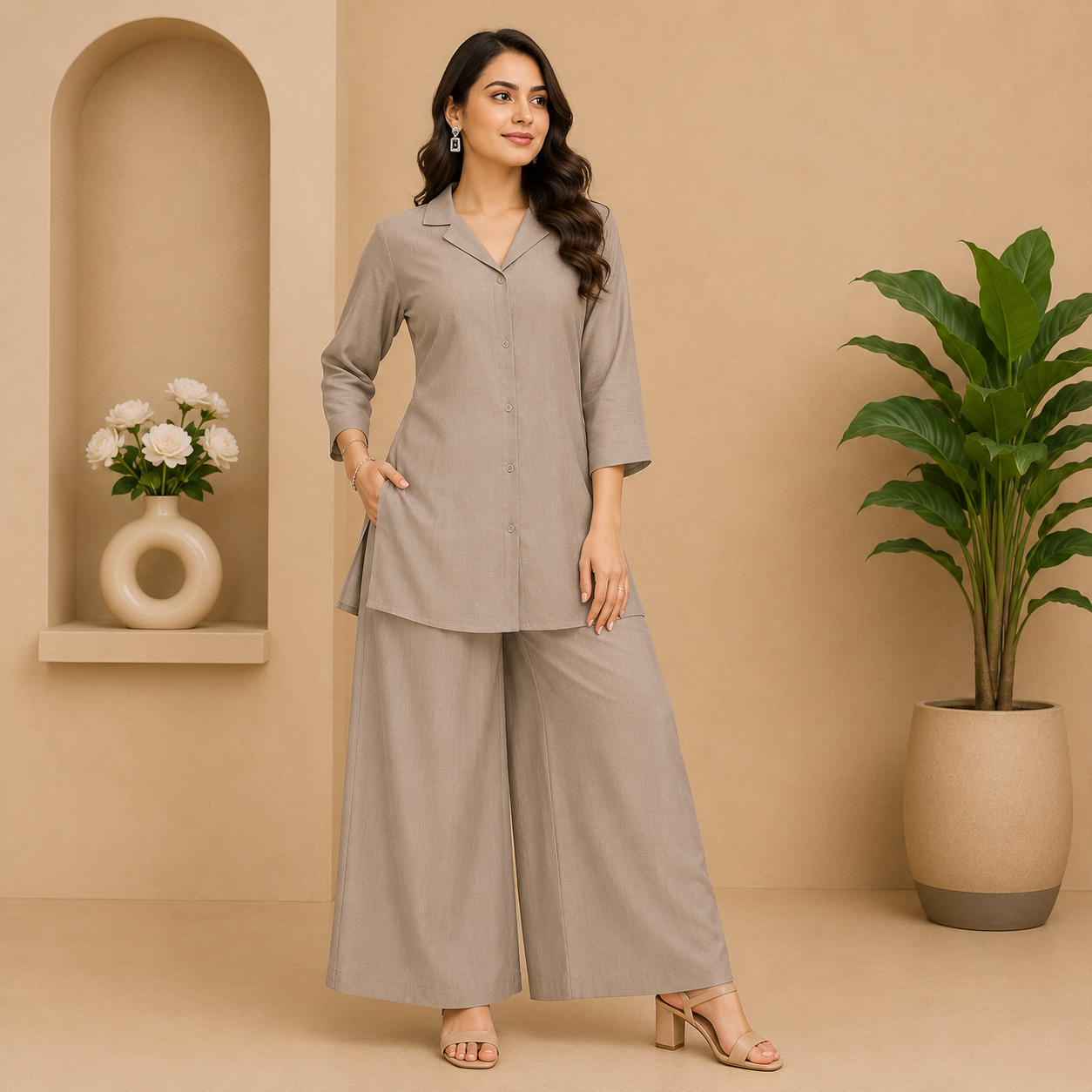 Women's Premium Cream Shirt-Style Rayon Kurta with Palazzo Set | Elegant Office &amp; Casual Wear Co-Ord Set