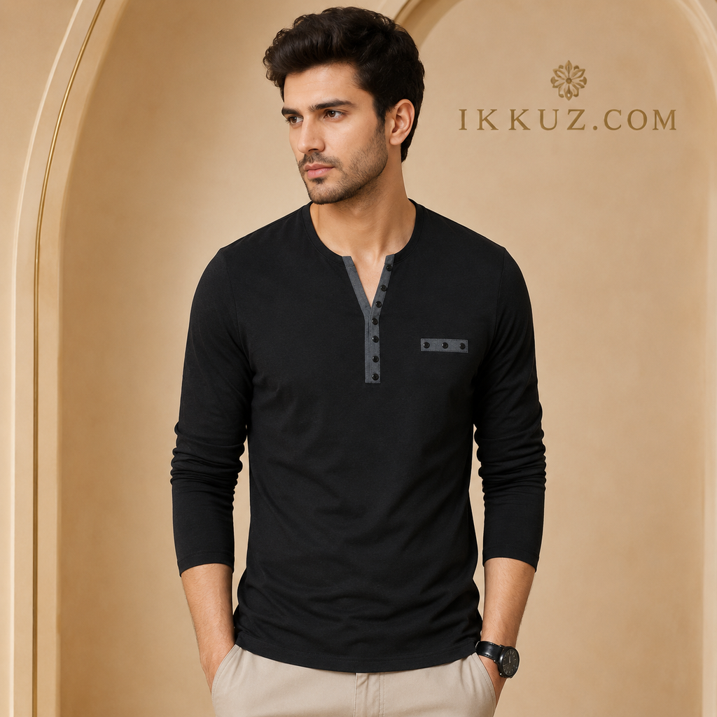 Premium Men's Full Sleeve Cotton Blend Henley T-Shirt | Slim Fit Casual Solid Tee | Stylish Everyday Wear