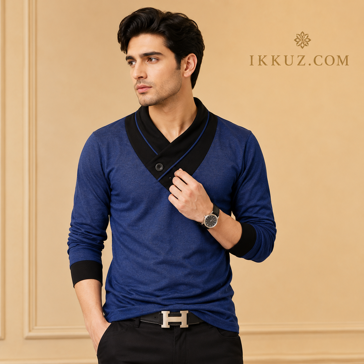 Premium Men's Mandarin Collar Full Sleeve Cotton T-Shirt | Stylish Solid Casual Slim Fit Tee | Blue &amp; Blac