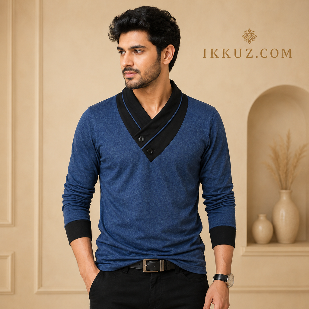 Premium Men's Mandarin Collar Full Sleeve Cotton T-Shirt | Stylish Solid Casual Slim Fit Tee | Blue &amp; Blac