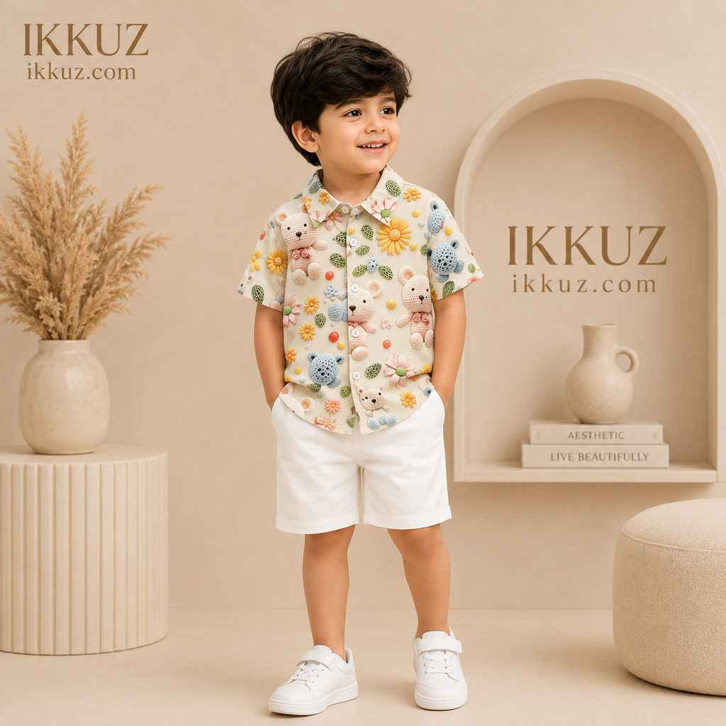 Premium Kids Cotton Co-Ord Set | Cute Teddy Print Shirt &amp; Shorts for Boys