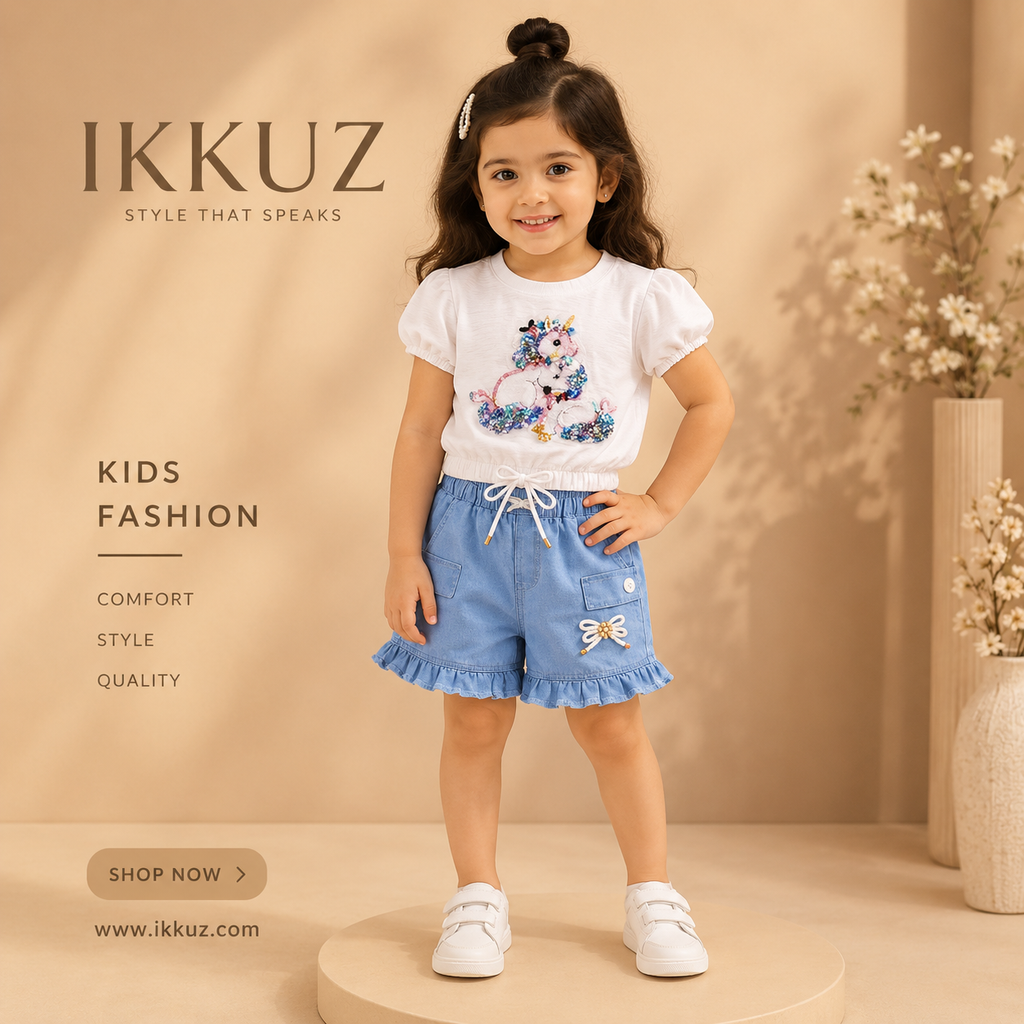 Unicorn Charm Girls Premium Summer Co-ord Set – Cotton Top &amp; Denim Shorts