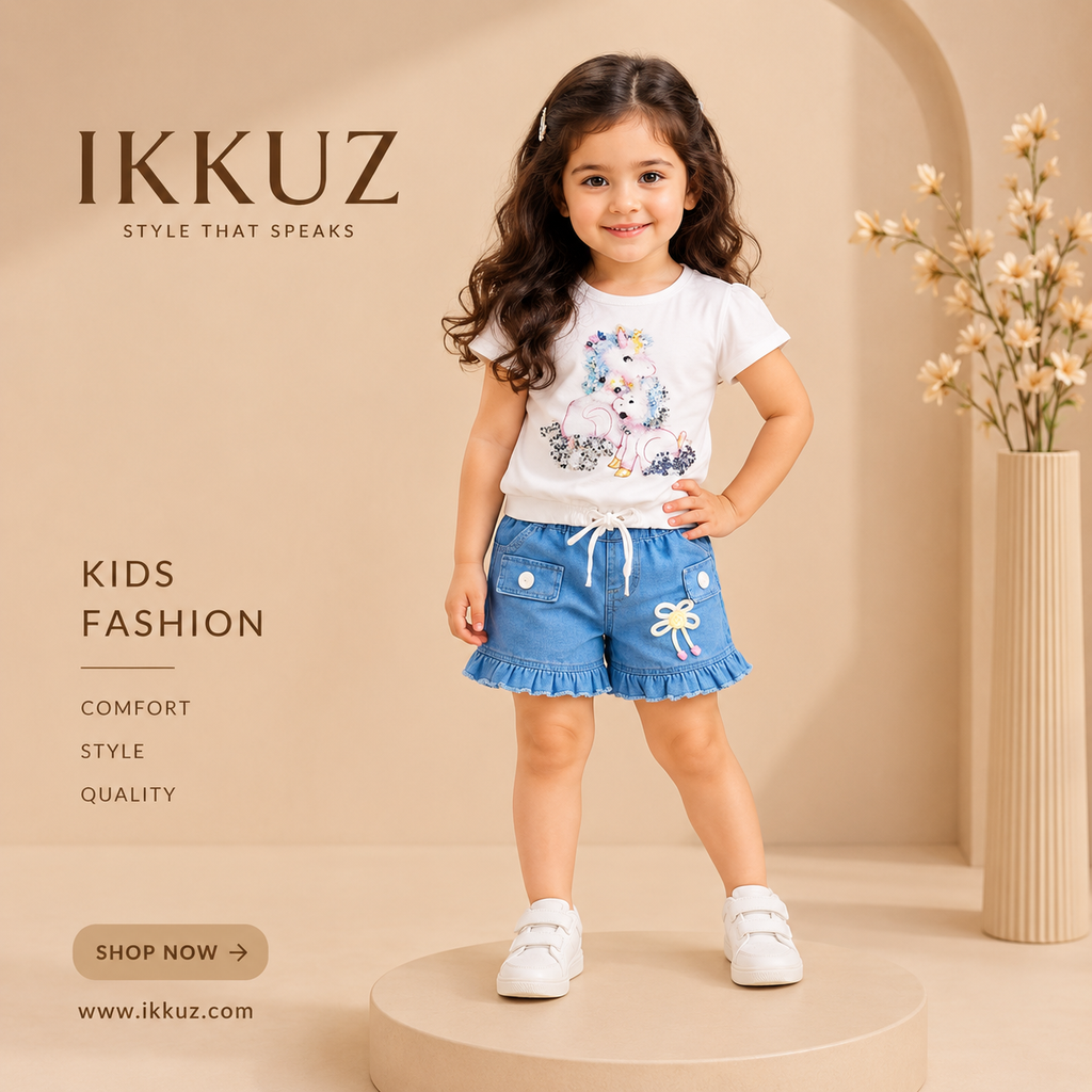Unicorn Charm Girls Premium Summer Co-ord Set – Cotton Top &amp; Denim Shorts