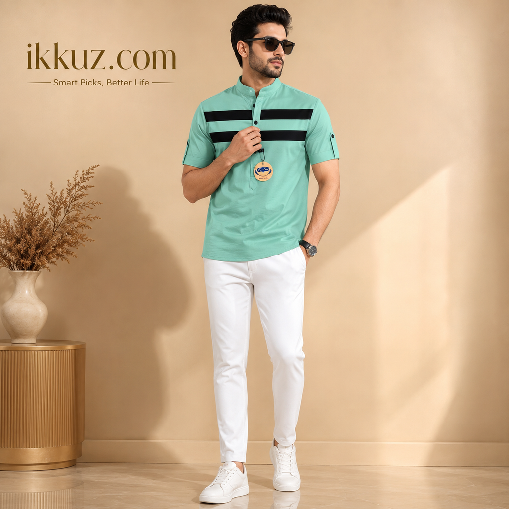 Men's Premium Cotton Striped Mandarin Collar Casual Shirt