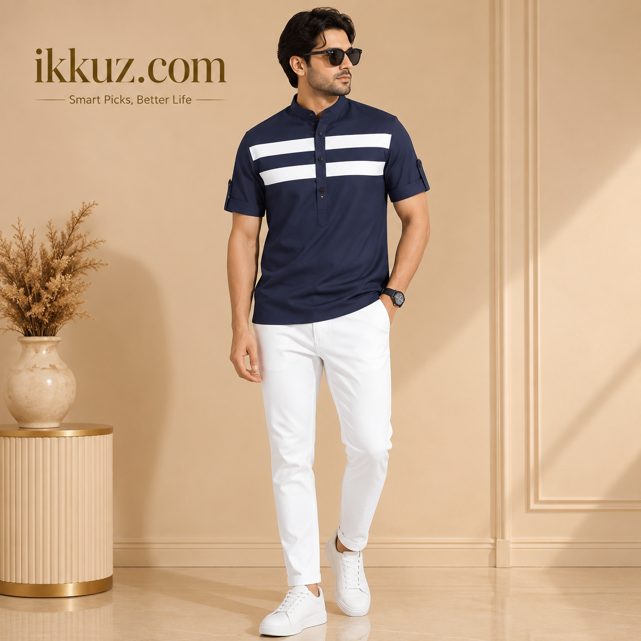 Men's Premium Cotton Striped Mandarin Collar Casual Shirt