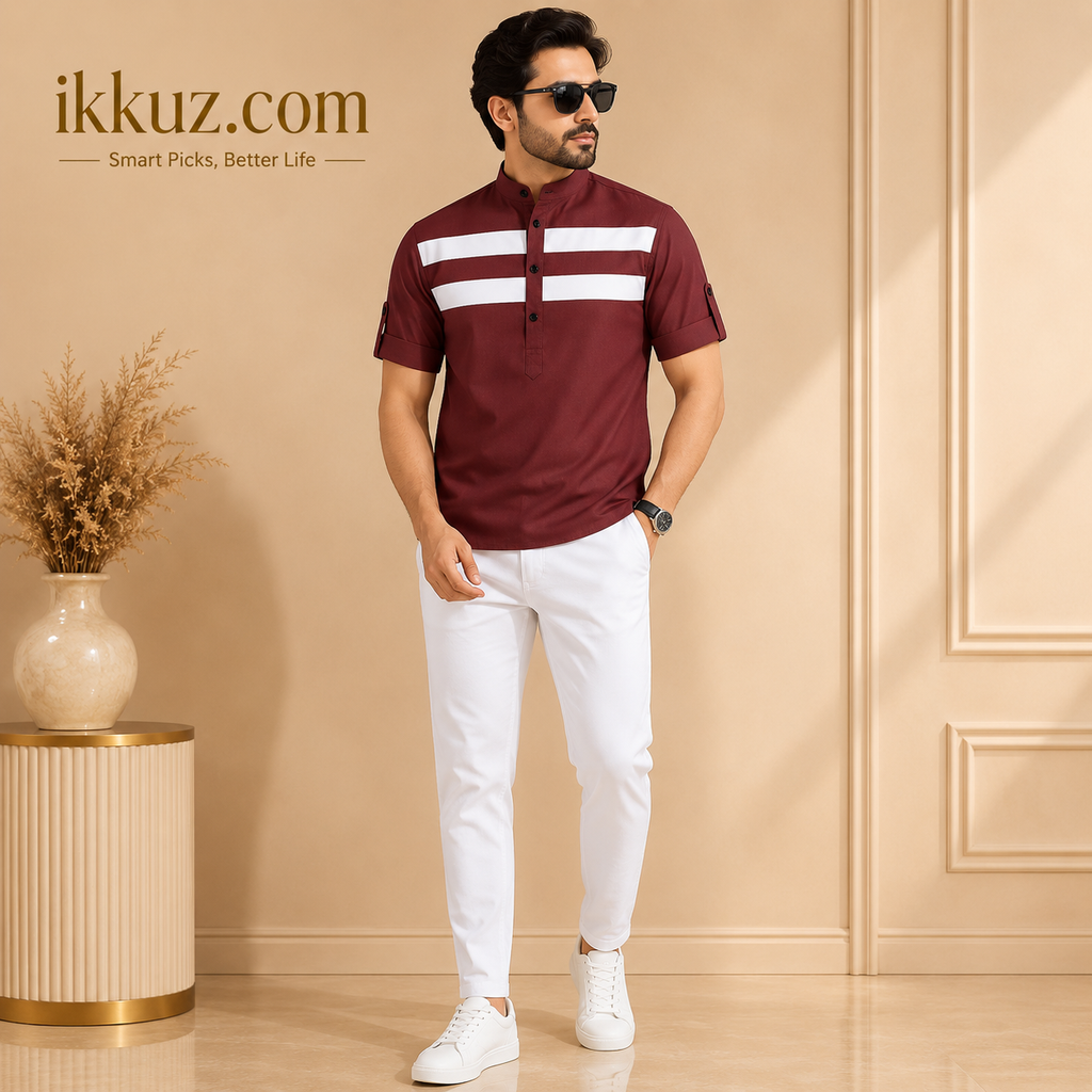 Men's Premium Cotton Striped Mandarin Collar Casual Shirt