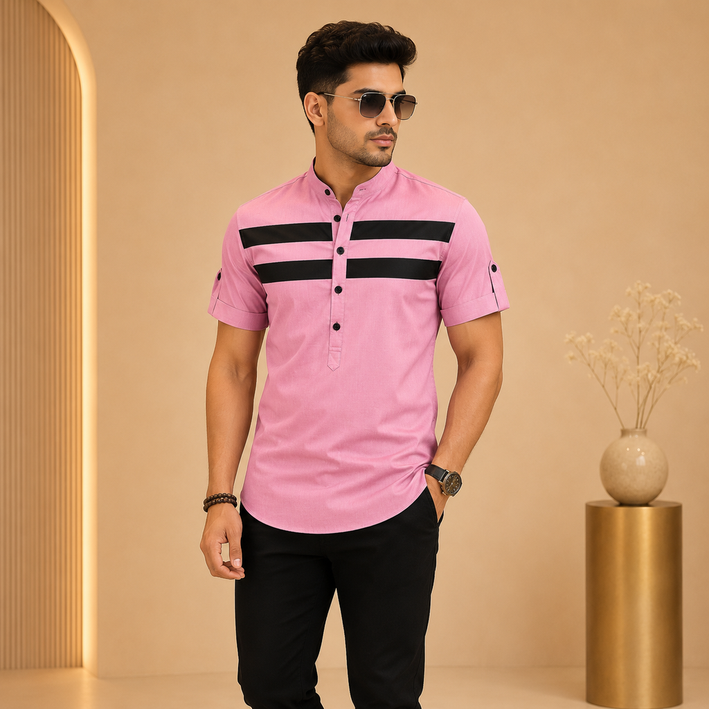 Men's Premium Cotton Striped Mandarin Collar Casual Shirt