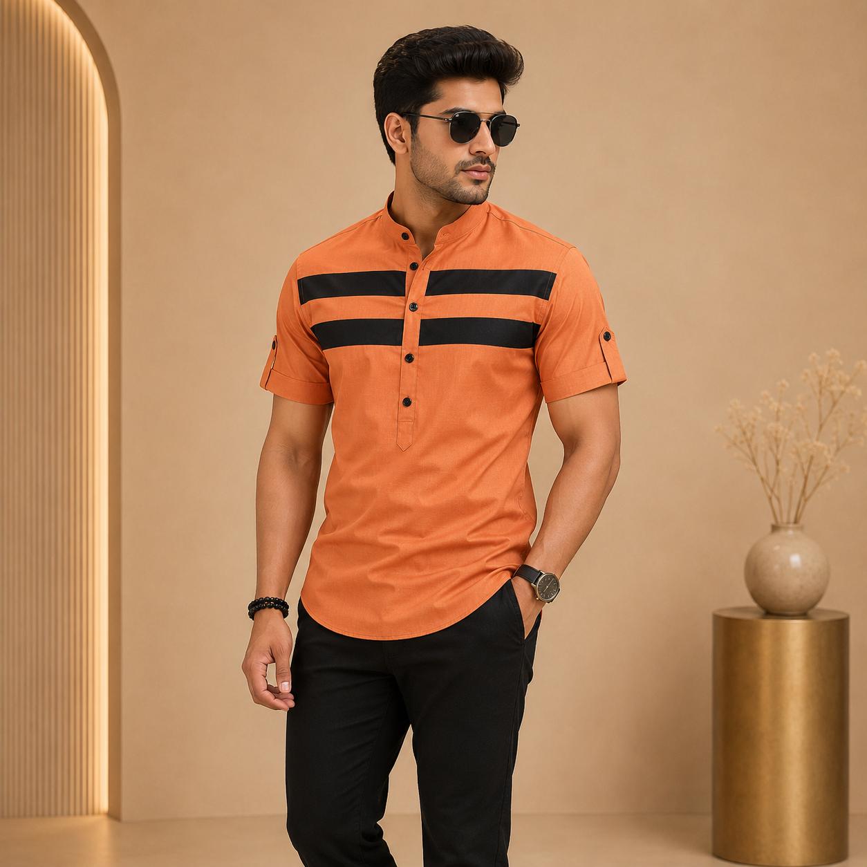 Men's Premium Cotton Striped Mandarin Collar Casual Shirt