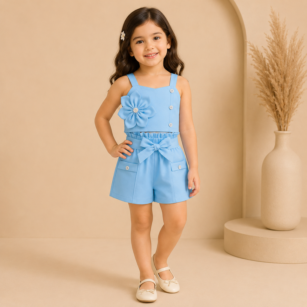 Blossom Belle Girls Premium Cotton Linen Summer Co-ord Set – Flower Top &amp; Shorts