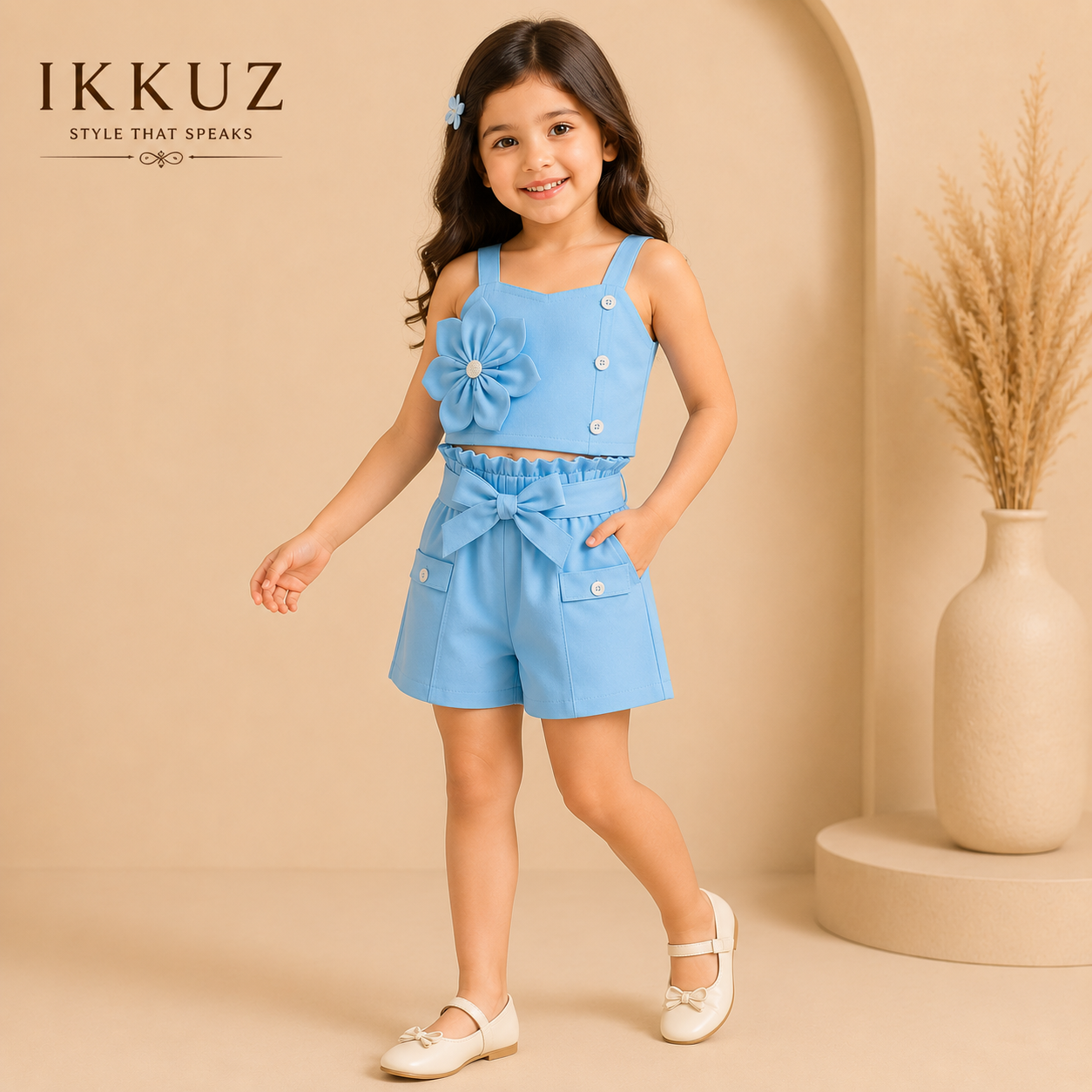 Blossom Belle Girls Premium Cotton Linen Summer Co-ord Set – Flower Top &amp; Shorts