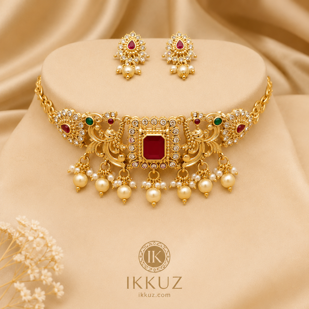 Royal Temple Matte Gold-Plated CZ Choker Jewellery Set