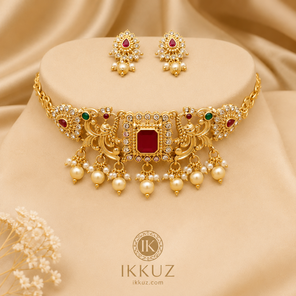 Royal Temple Matte Gold-Plated CZ Choker Jewellery Set