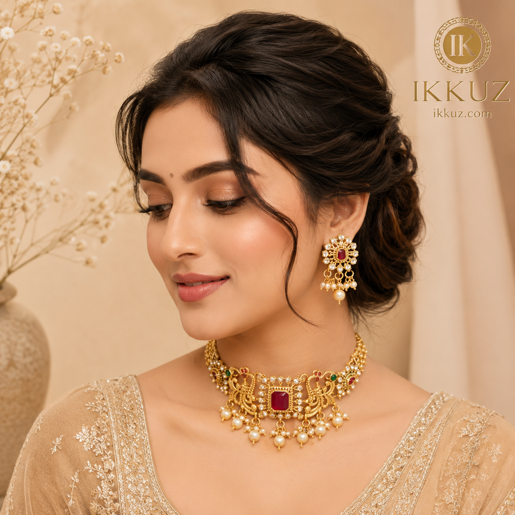Royal Temple Matte Gold-Plated CZ Choker Jewellery Set