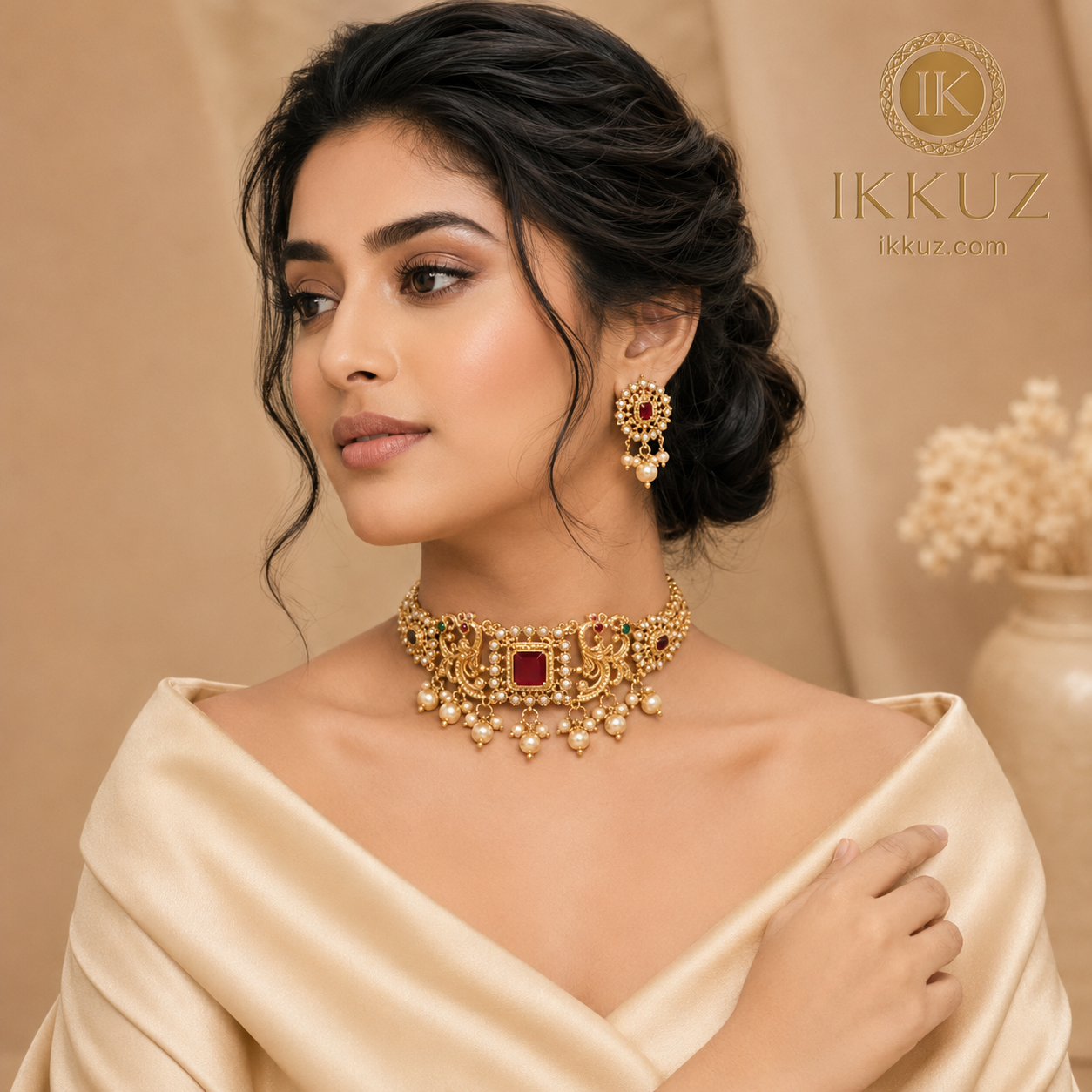 Royal Temple Matte Gold-Plated CZ Choker Jewellery Set
