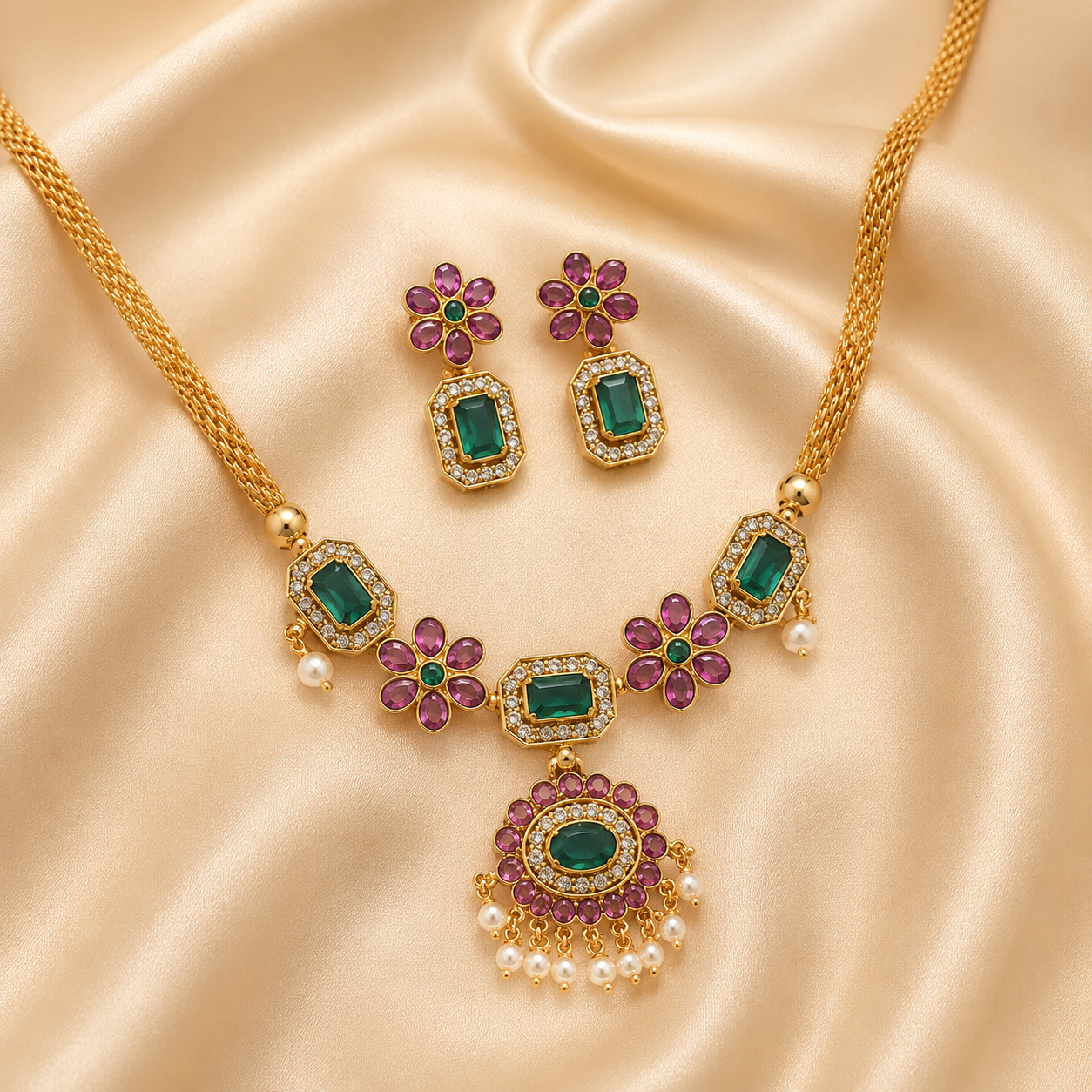Emerald Stone Pearl Drop Necklace Set | Lightweight Matte Gold Finish Ethnic Jewellery for Women