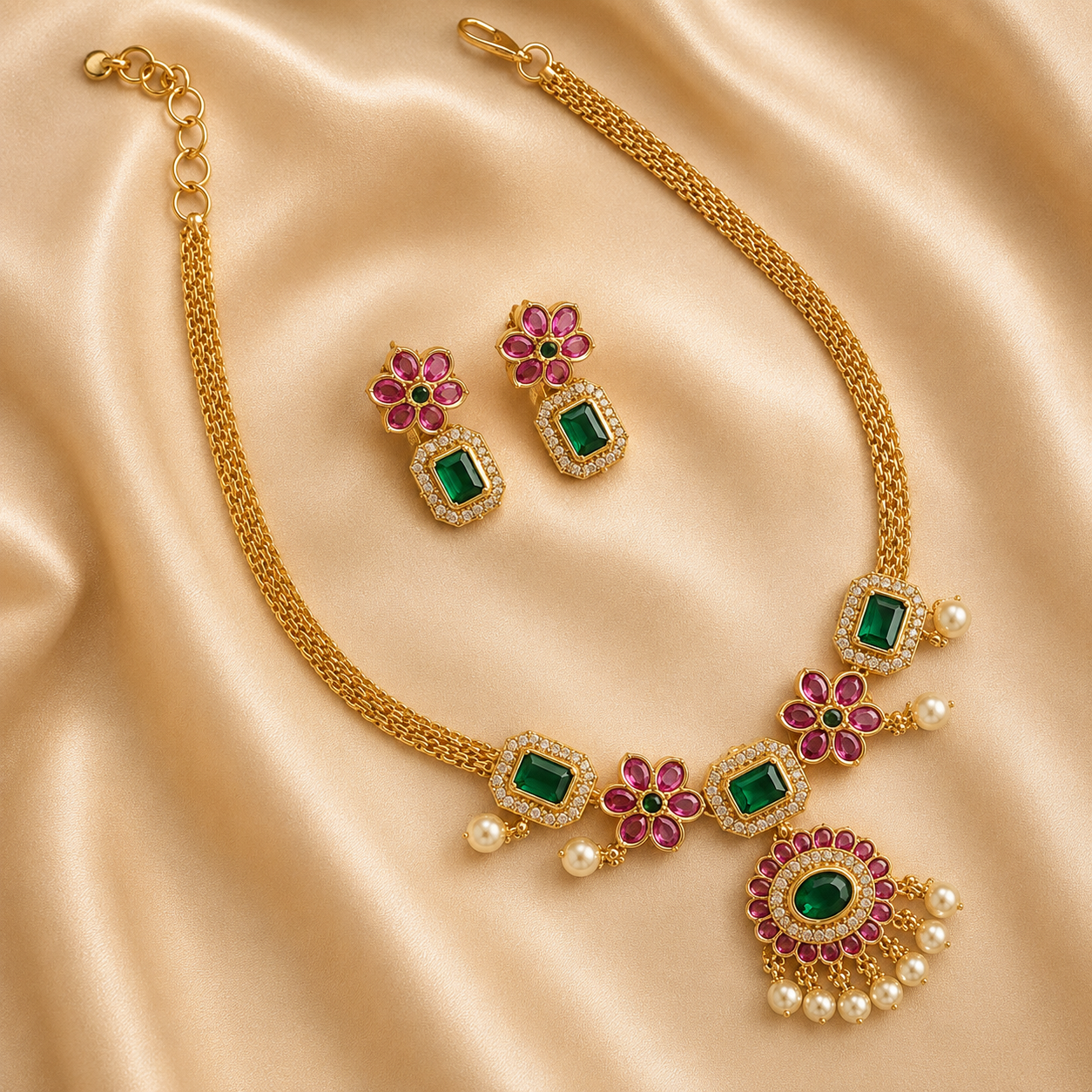 Emerald Stone Pearl Drop Necklace Set | Lightweight Matte Gold Finish Ethnic Jewellery for Women