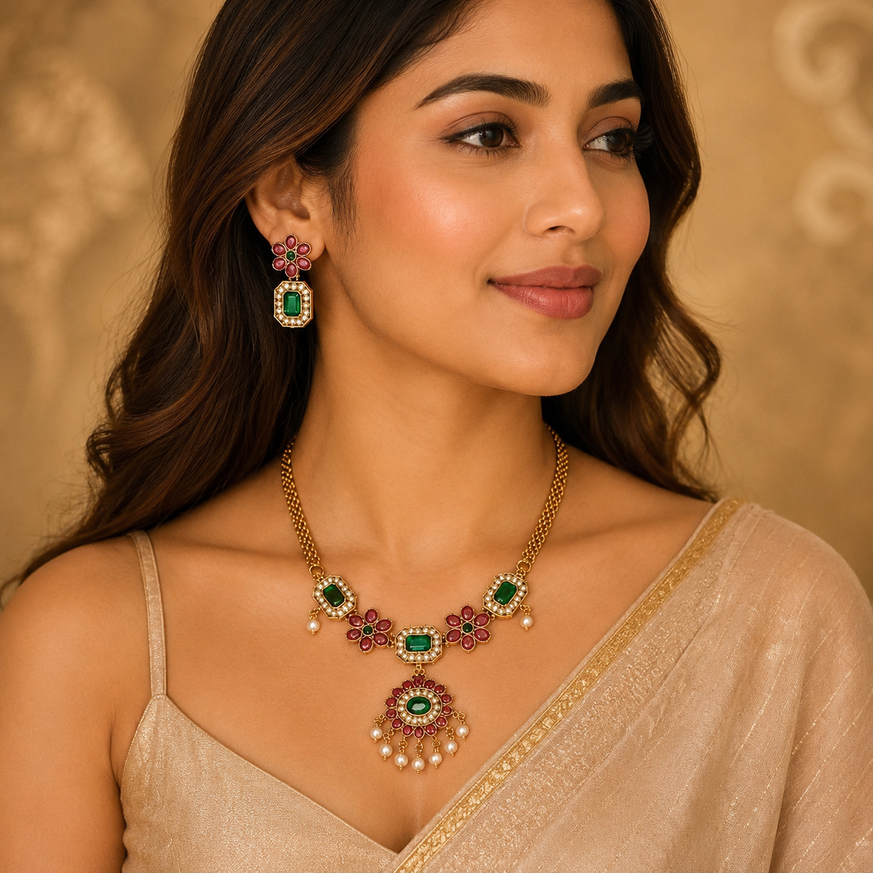 Emerald Stone Pearl Drop Necklace Set | Lightweight Matte Gold Finish Ethnic Jewellery for Women