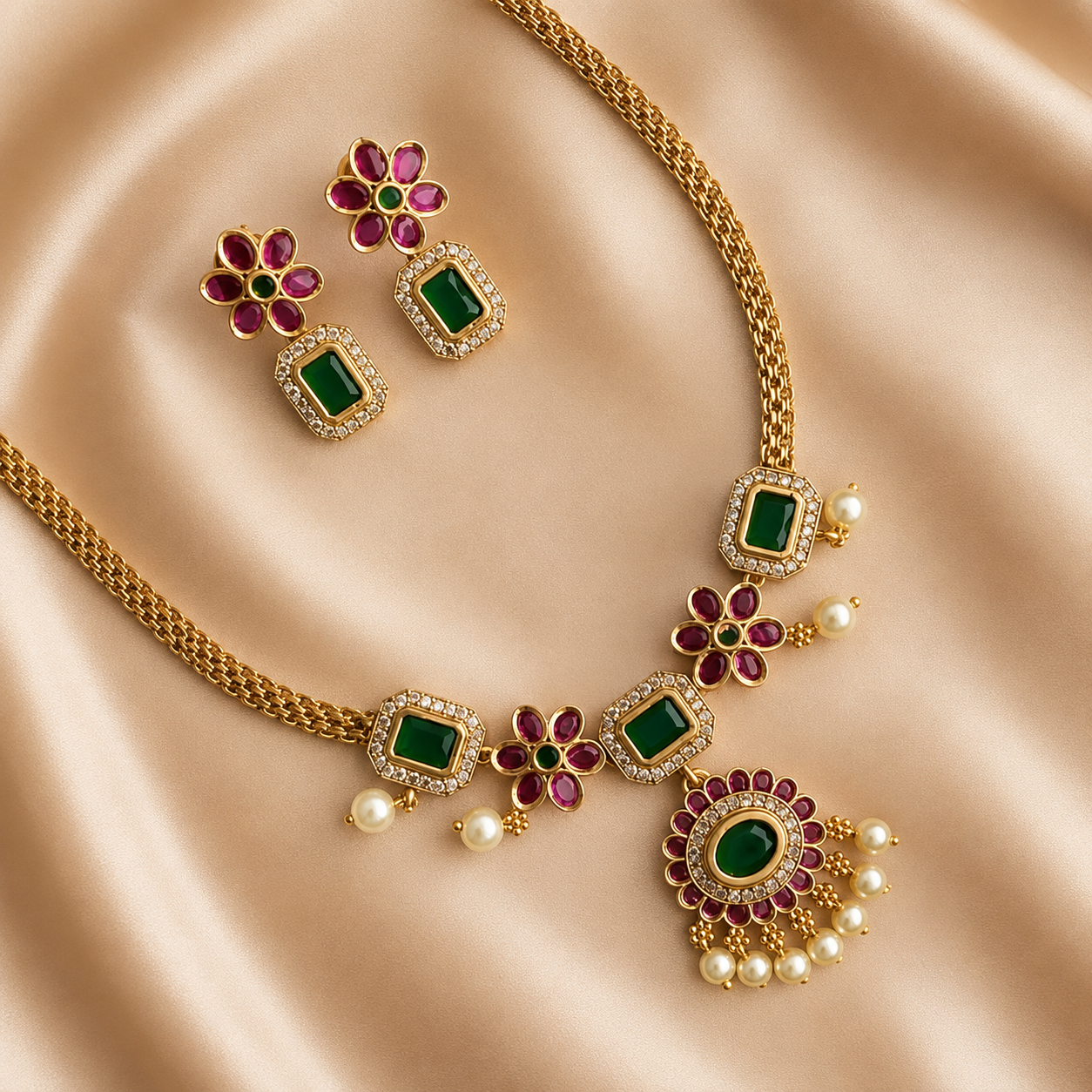 Emerald Stone Pearl Drop Necklace Set | Lightweight Matte Gold Finish Ethnic Jewellery for Women